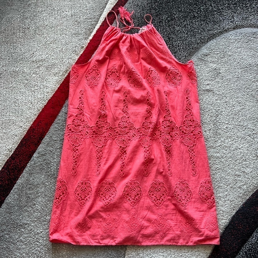 Max Studio Specialty Products Coral Pink Crochet Floral Mini Shift Dress